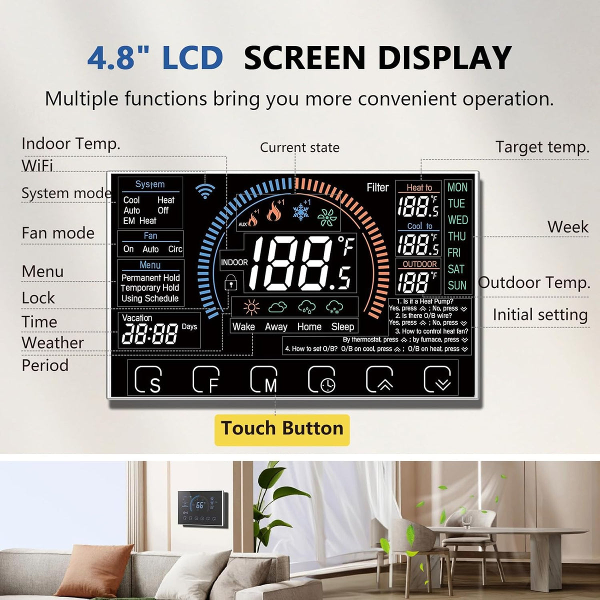 BSEED WiFi Smart Thermostat for Home - Touch Screen, Energy Saving, 7-Day Programmable (Holiday Mode), Easy DIY, Works with Siri/Alexa/Google, Black（C-Wire Adapter Included）