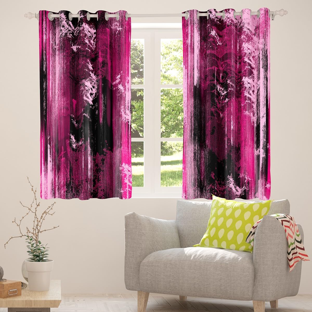 Feelyou Modern Abstract Art Curtains for Bedroom Living Room Abstract Blackout Darkening Drapes Hot Pink Black Window Treatments, 2 Panels 38 x 45 Inch Luxury Room Decor