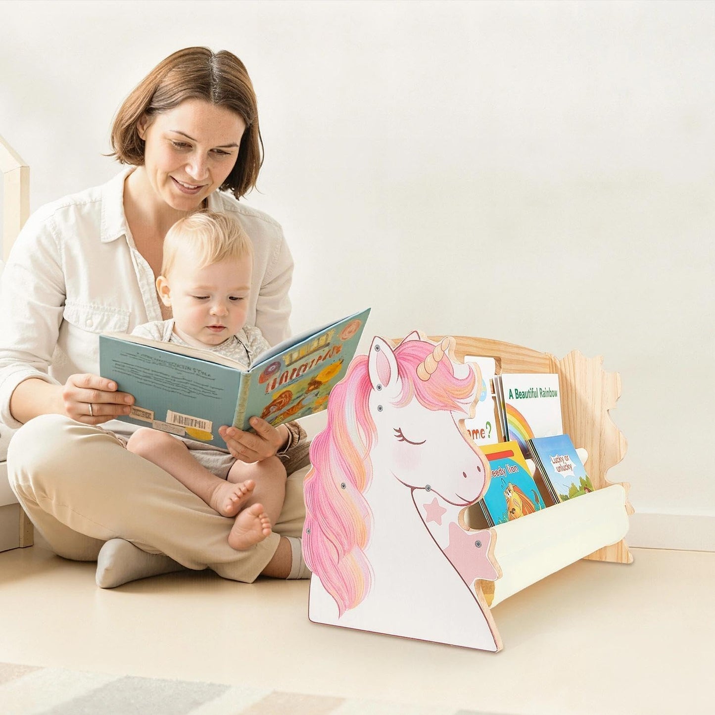 SheSeek Toddler Bookshelf Double-Sided with 4 Tier Deep Sleeves Kids Wooden Montessori Book Rack for Baby Nursery Room, Playroom, Classroom or Bedroom Bookcase Storage Organizer, Pink Unicorn