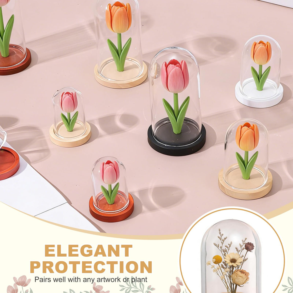 uxcell 4Pcs Glass Display Dome, 1.4" x 2.5" Clear Cloche Glass Dome Decorative Bell Jar with Wooden Base for Collectibles Display Candle Tabletop Centerpiece Plants Wedding, Beige
