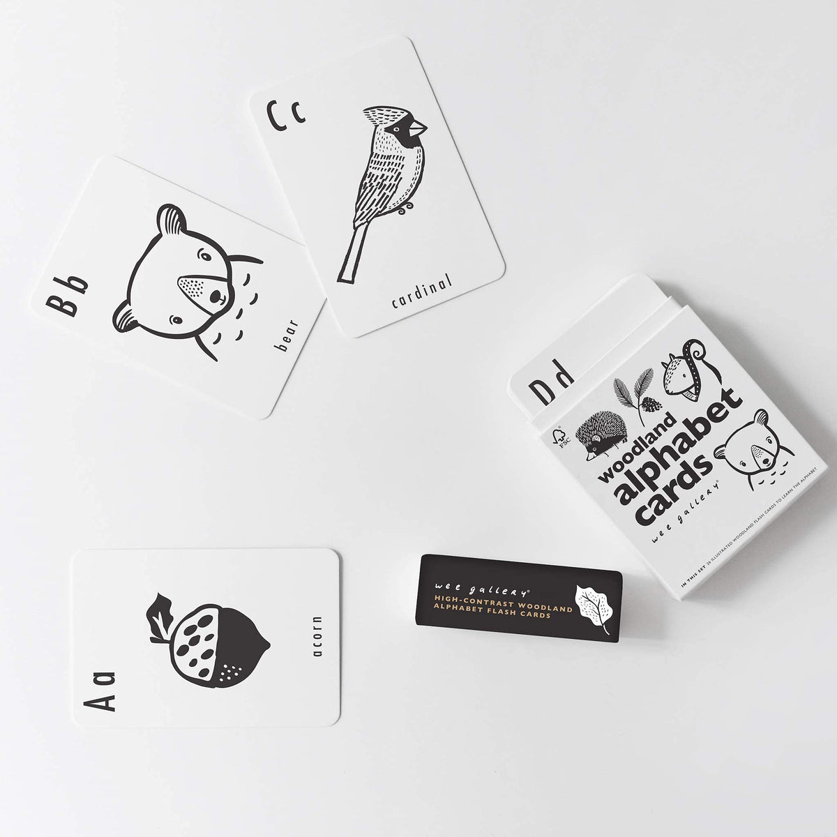 Wee Gallery Educational Flashcards for Babies, Double Sided Black and White Learning Flash cards, Woodland Animal Alphabet Cards for Visual Stimulation and Cognitive Development of Toddlers
