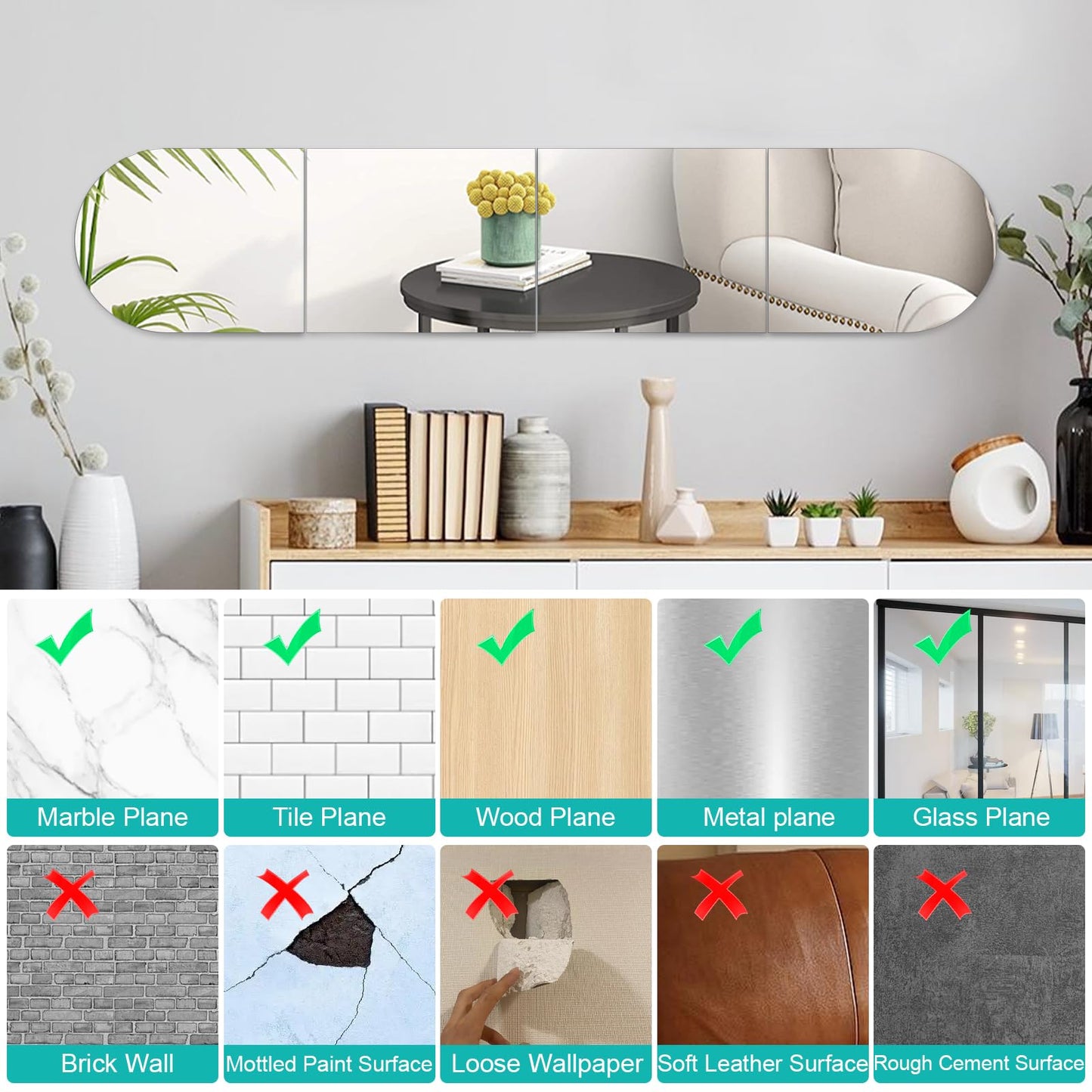 QEEYION Arched Full Length Mirror Wall Mounted 14''x12'' x 4PCS Frameless Glass Full Body Mirror Tiles for Wall, Door, Living Room, Bathroom, Bedroom, Cloakroom, Entryway Decor
