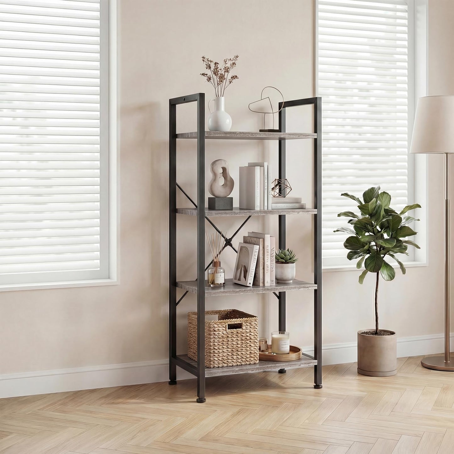 DUMOS 4 Tiers Open Bookshelf, Classic Freestanding Tall Display Shelf, Multifunctional Storage Organizer Rack for Living Room Home Office, Sturdy Bookcase for Books/Movies, Wood Grey