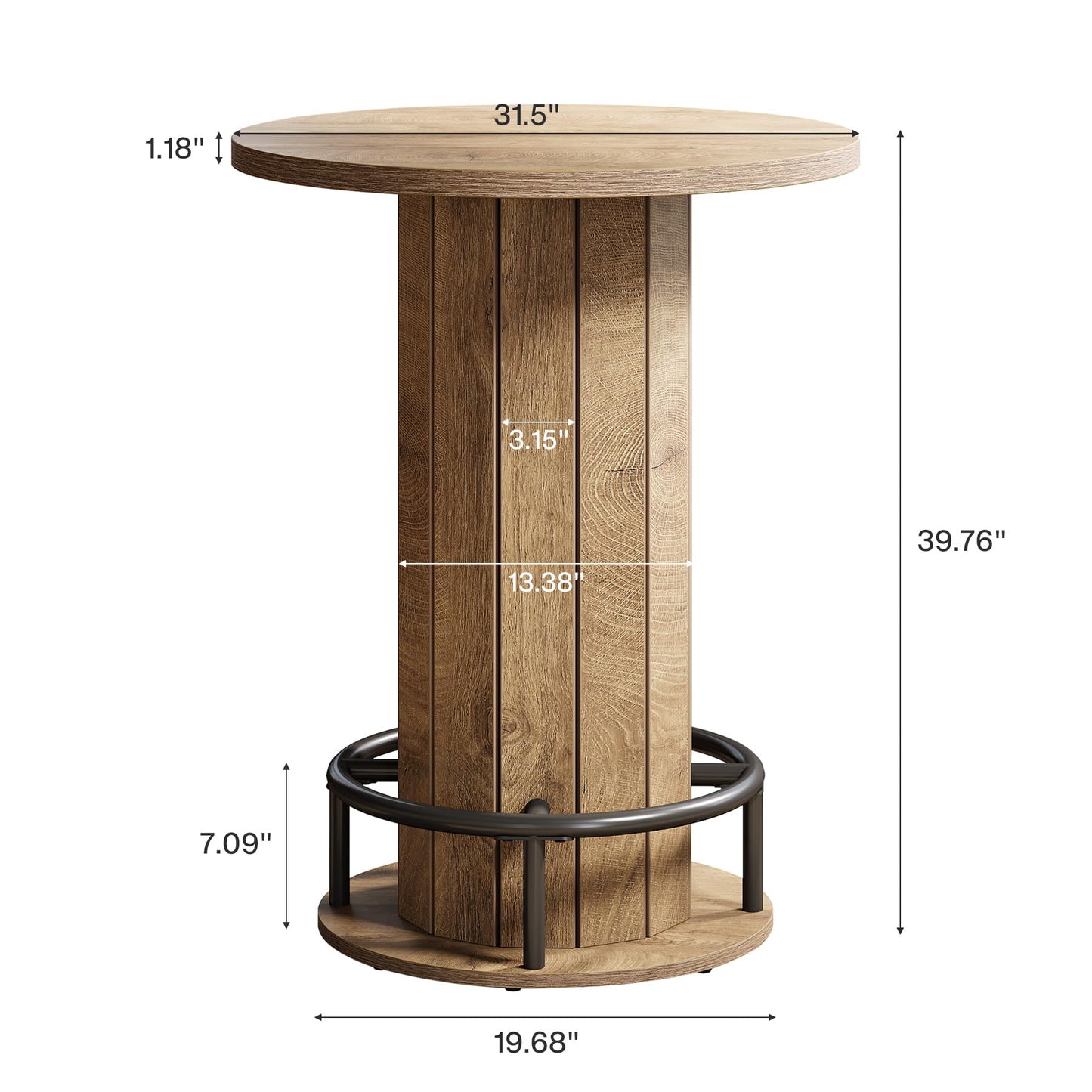 Tribesigns Round Bar Table, 39.4" H Wood Bistro Pub Table with Metal Ring Footrest for Dining Coffee Cocktail Living Room, Small Space, Light Brown (Only Table)