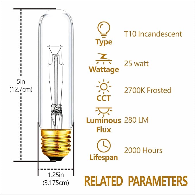 25 Watt T10 Clear Tubular Incandescent Light Bulb, T10 Bulb, Vintage Style