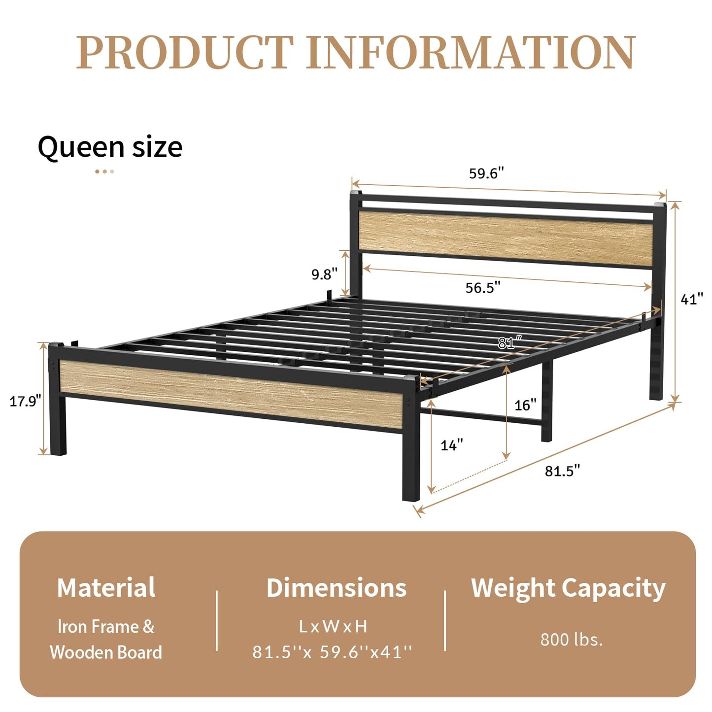 Easy Install 16 Inch Queen Size Bed Frame,Metal Platform Bed Frame with Wooden Headboard and Footboard,Mattress Foundation,Large Under Bed Storage,No Box Spring Needed,Non-Slip Without Noise,Walnut
