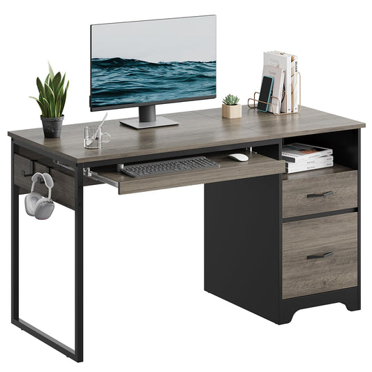 Bestier 48” Computer Desk with Drawers, Office Desk with Storage, Industrial Wood Writing Desk with File Drawer, Keyboard Tray & 2 Hooks for Home Office & Studio, Gray