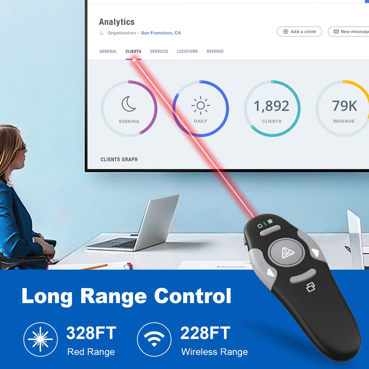 QUI 2 Pack Presentation Clicker, Wireless Presenter Remote Clicker for PowerPoint, Slide Advancer for Mac, Windows, Google Slide, Keynote (USB Type-c, Black Purple)