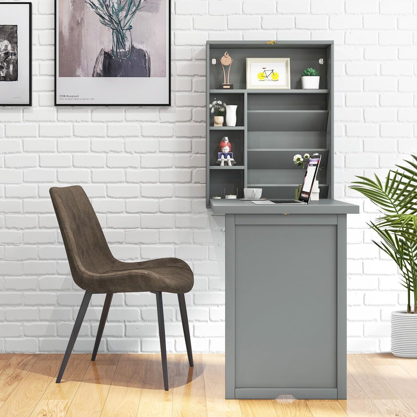 GOFLAME Wall Mounted Folding Desk with 3-Tier Tilt Storage Partition and Adjustable Shelves, Space-Saving Convertible Writing Desk for Home Office, Gray