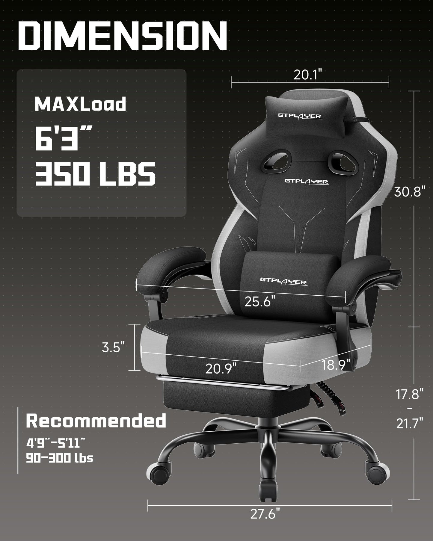 GTPLAYER Big & Tall Gaming Chair, 90°-155° Adjustable Reclining Office Seat with Footrest, Ergonomic Comfy Computer Desk Chair for Adults, Home Office Gaming Study Use, Black
