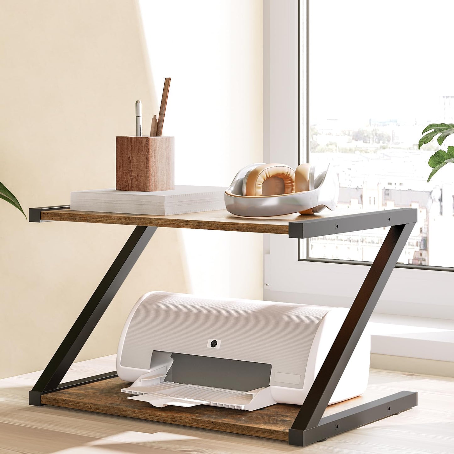YATINEY Desktop Printer Stand, 2-Tier Printer Table with Storage Shelf, Under Desk Printer Stand for Office, Open Organizer Shelf, Easy Assembly, Rustic Brown PS02BR