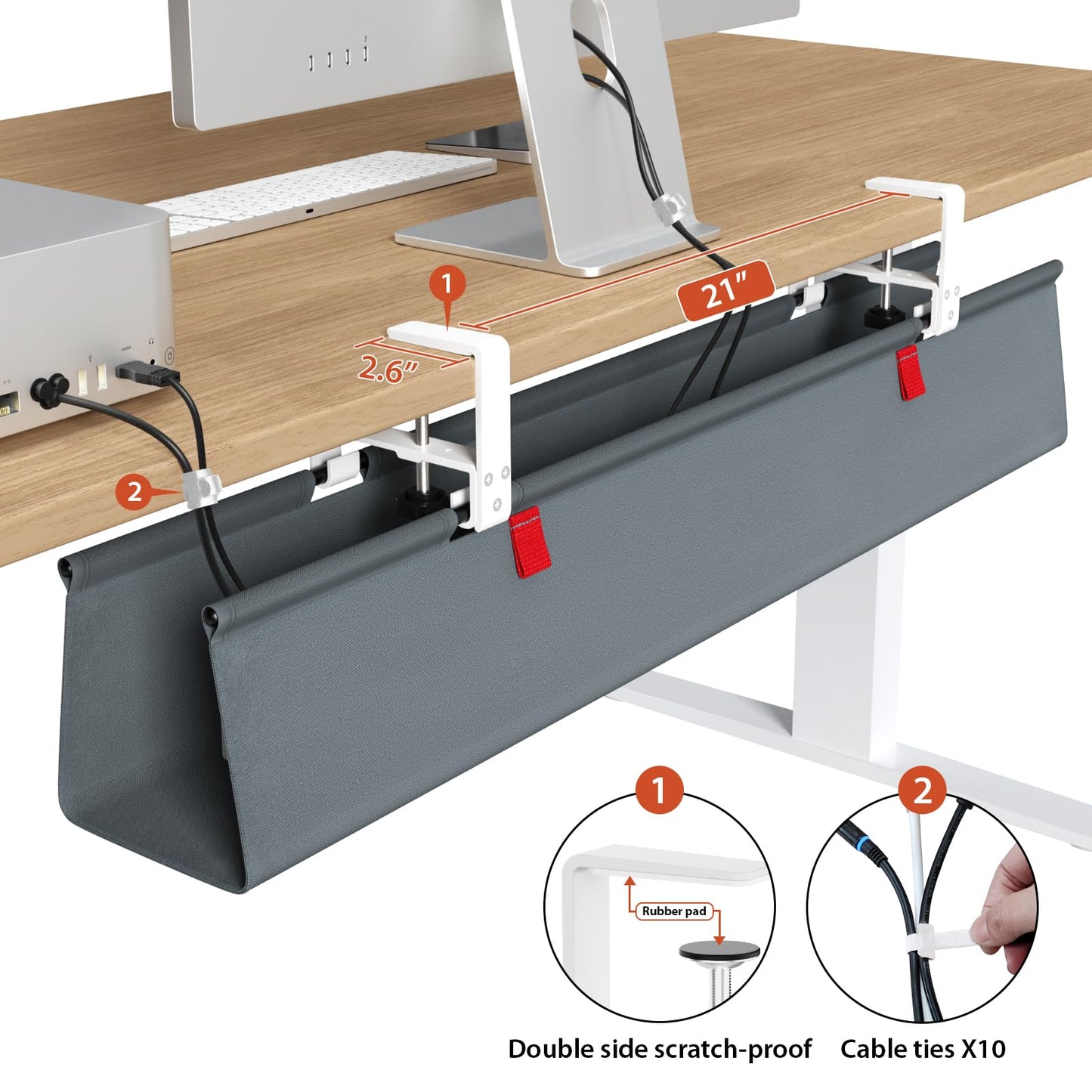 Univivi No Drill Under Desk Cable Management Tray, 36" Cord Organizer for Table, Clamp/Screw Mount Desk Cable Management, Premium Fabric Cable Management Tray for Office, Home