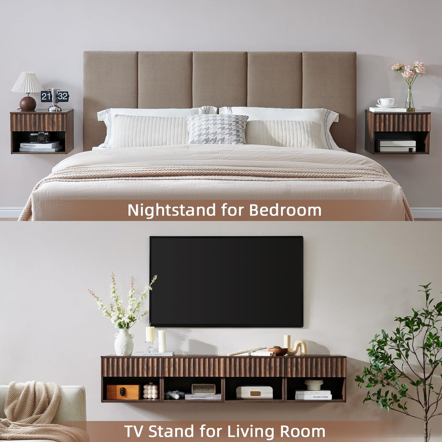 BuildHom Floating Nightstand with Fluted Drawer - Modern Wall Mounted Bedside Table with Open Storage Shelf, Small Night Stand for Bedroom(Walnut)