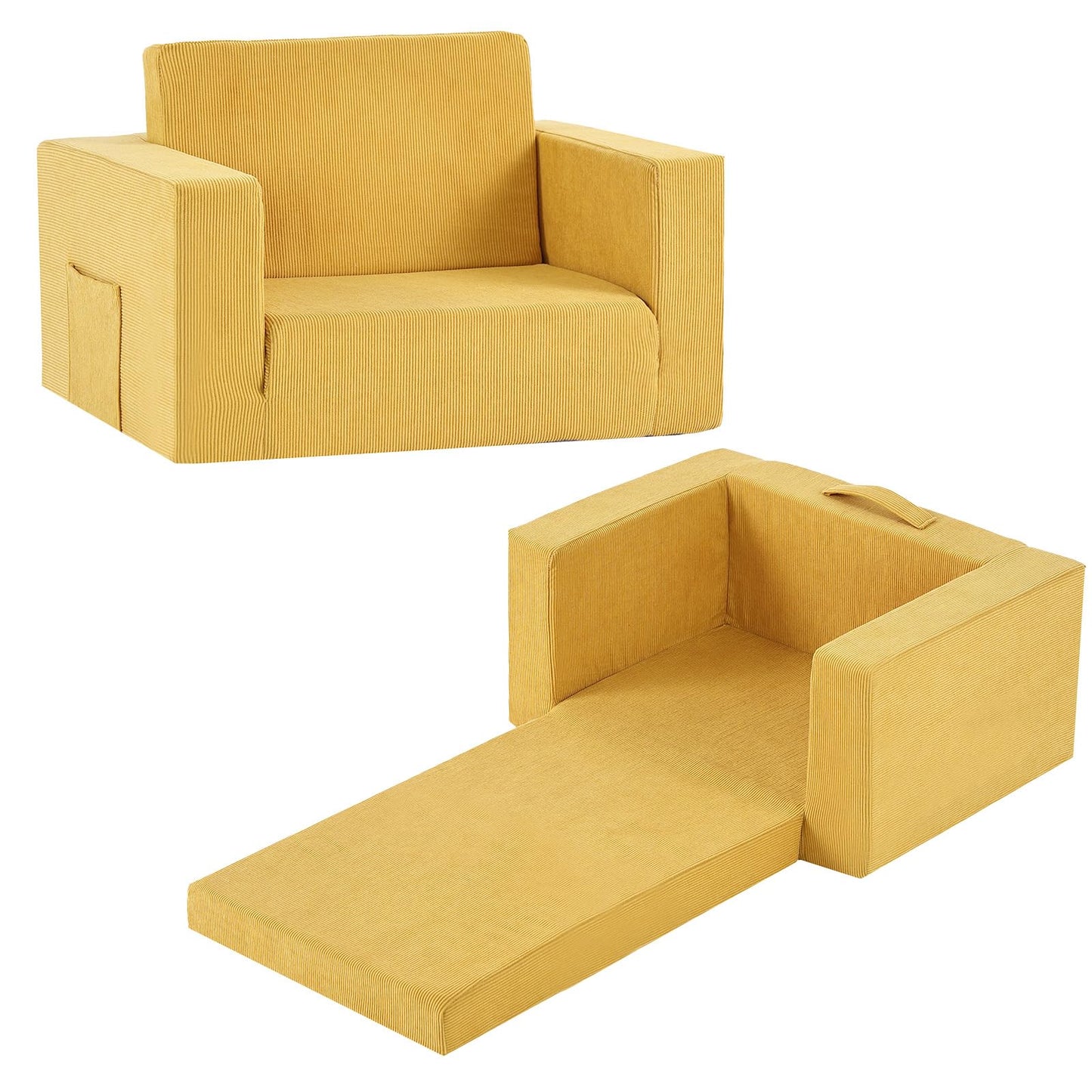 Tiita 2-in-1 Kids Sofa, Convertible Children Couch to Lounger, Flip Out Kids Chair, Toddler Armrest Chair Bed, Folding Kid Play Sofa for Girl or Boy, Corduroy Ginger Yellow