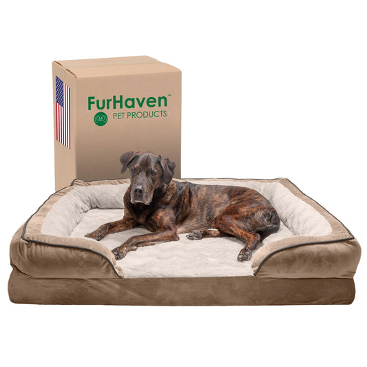 Furhaven Orthopedic Dog Bed for Large Dogs w/ Removable Bolsters & Washable Cover, For Dogs Up to 125 lbs - Plush & Velvet Waves Perfect Comfort Sofa - Brownstone, Jumbo Plus/XXL