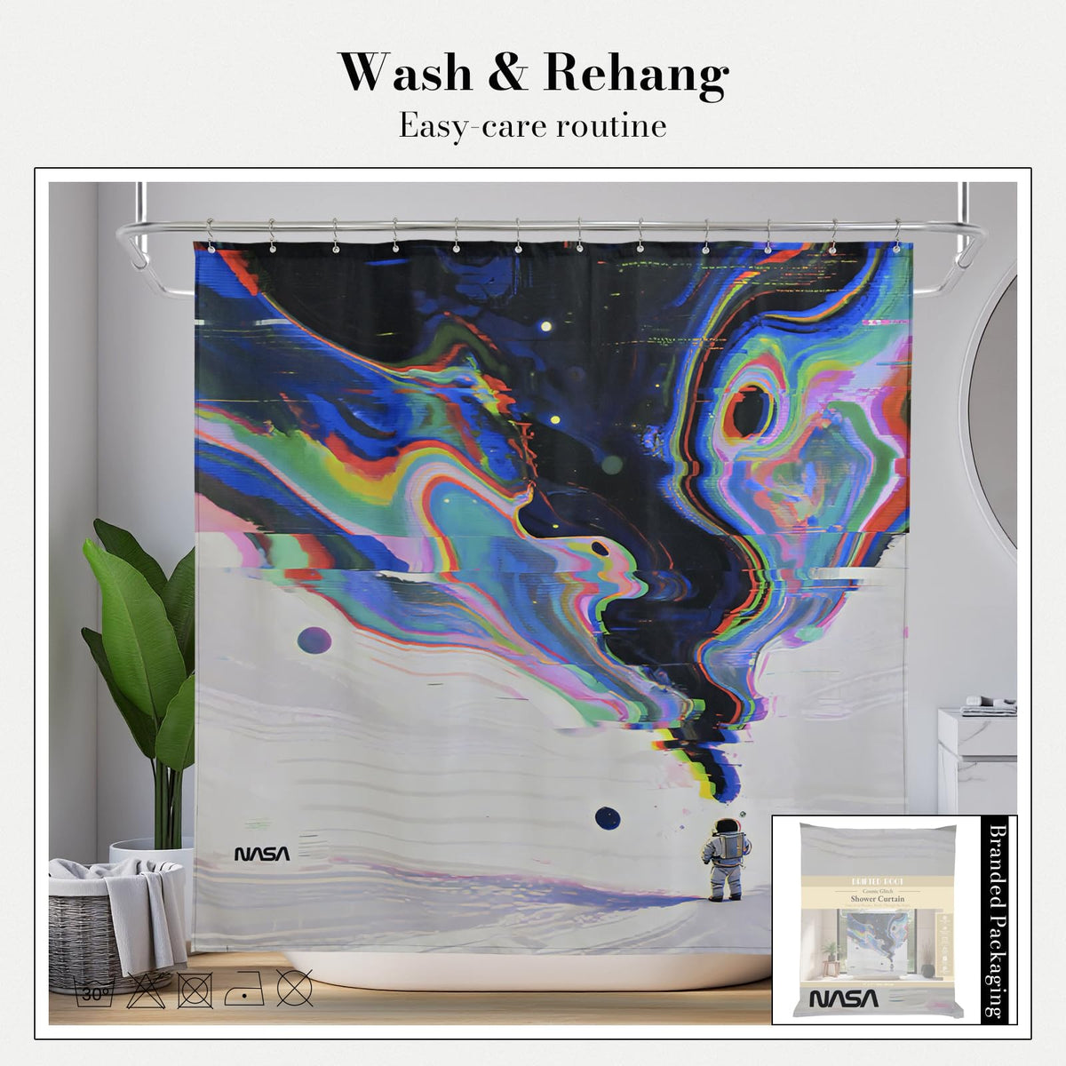 DRIFTED ROOT NASA Licensed Shower Curtain Set, Neon Glitch Astronaut Galaxy Design, Space Poster Art, Oxford Cloth, Bathroom Hotel Decor (Cosmic Glitch-Black, 72" W x 72" L (Pack of 1))