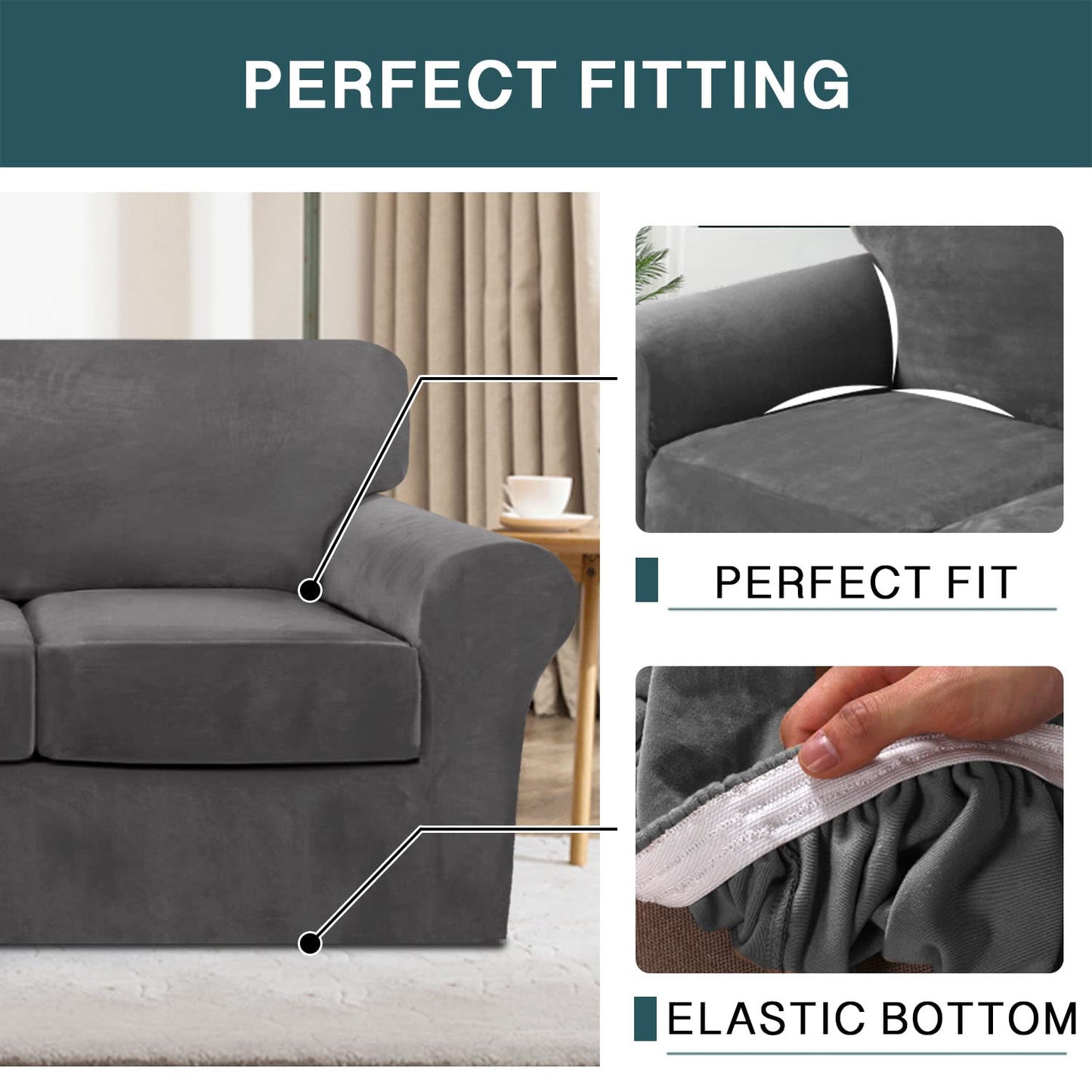 FantasDecor 3 Piece Sofa Covers Velvet for 2 Cushion Couch Stretch Loveseat Slipcover with Individual Seat Elastic Furniture Protector for Pets (Loveseat, Gray)