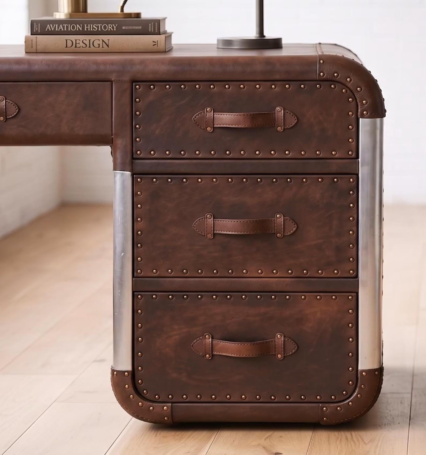 NauticalMart Industrial Aviator Executive Desk with 7 Drawers, Handcrafted Vintage Brown Leather & Aluminum Office Desk, Aircraft-Inspired Rivet Writing Table for Home Office (72" W X 28" D X 30" H)
