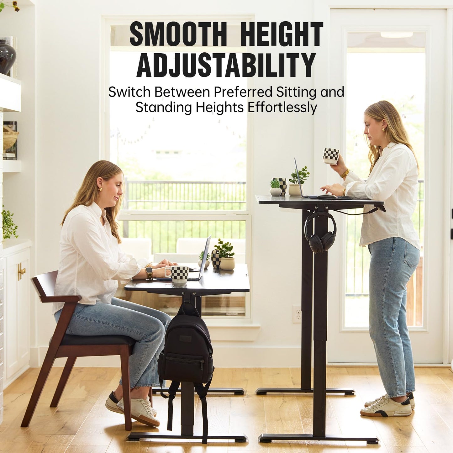 Veken 55 Inch, Height Adjustable Sit Stand Up, Wood Desktop, Work Home Office Computer PC Table, Tall Standup Workstation, Gaming Writing Study Bedroom Rising Desks, Black