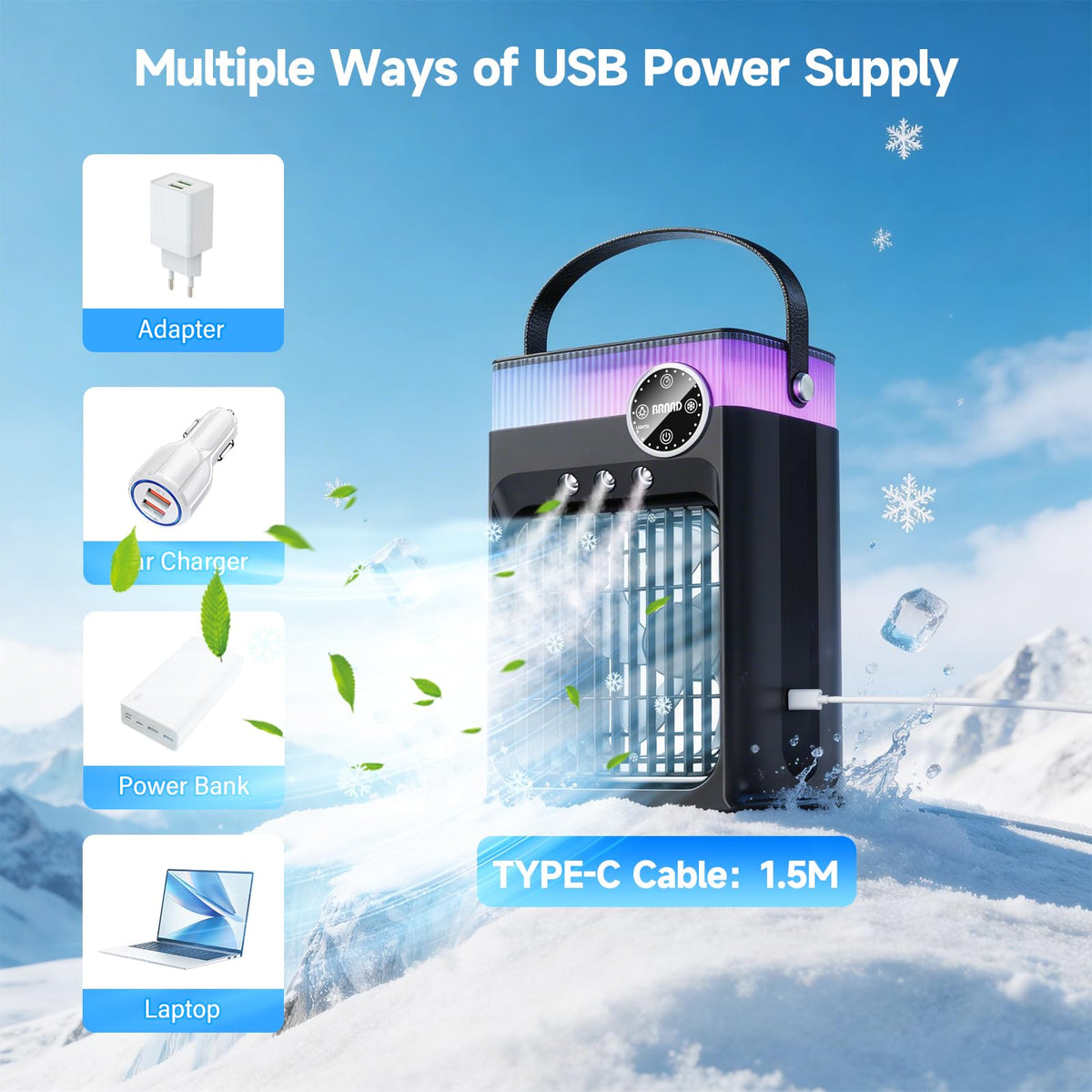 Portable Air Conditioners, 4 in 1 Evaporative Air Cooler with 1200ML Tank, Queit Cooling Fan with Remote Control, 2-8H Timer, 3 Modes & 8 LED Lights, Personal AC Unit for Bedroom, Office and Camping