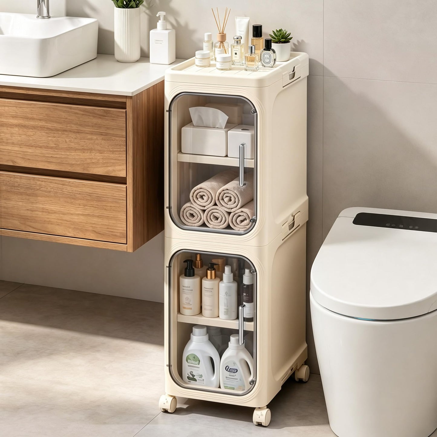 Lifelongpal 2-Tier Slim Narrow Bathroom Storage Cabinet, Cream White