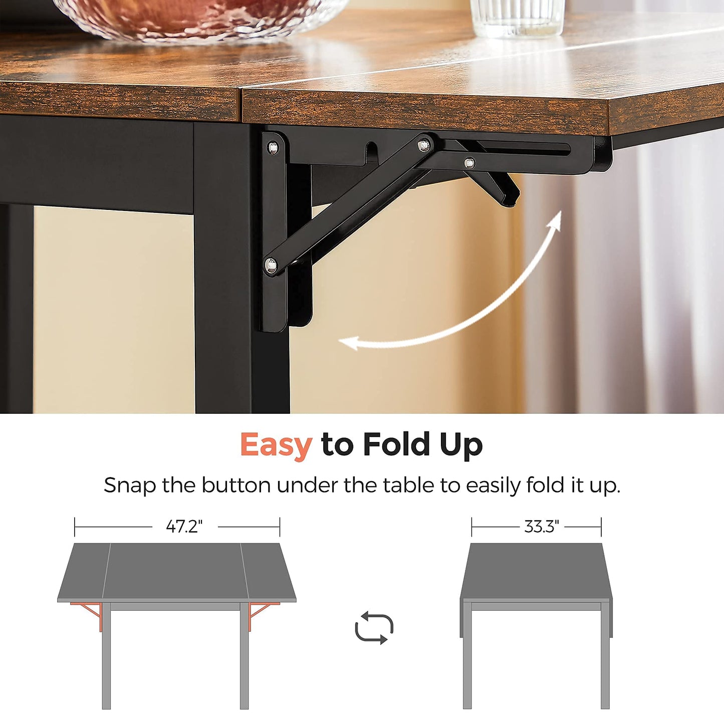 VASAGLE Folding Dining Table, Kitchen Table, Drop Leaf Extendable Table for Small Spaces, Seats 2-4 People, Industrial, Rustic Brown and Black UKDT077B01
