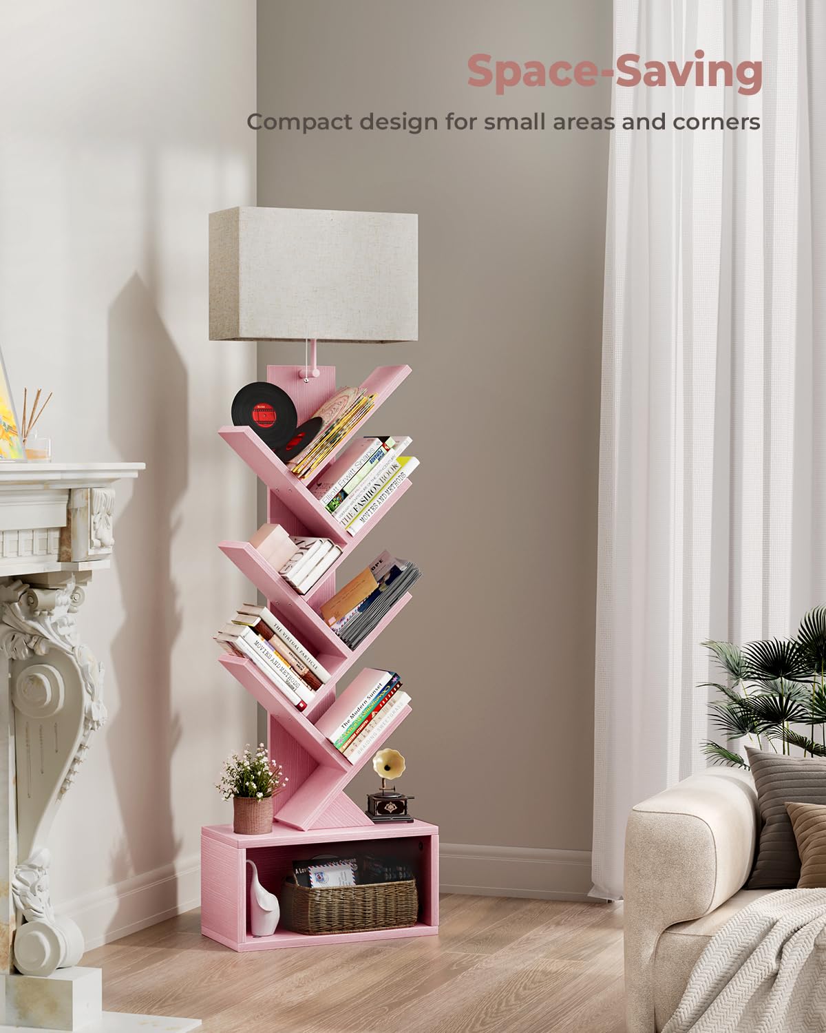 Evermagin 6 Tier Tree Bookshelf with Light, Narrow Bookcase Tower, Tall Floor Standing Book Shelf Organizer with Storage Cabinet for Living Room, Bedroom and Home Office, Pink