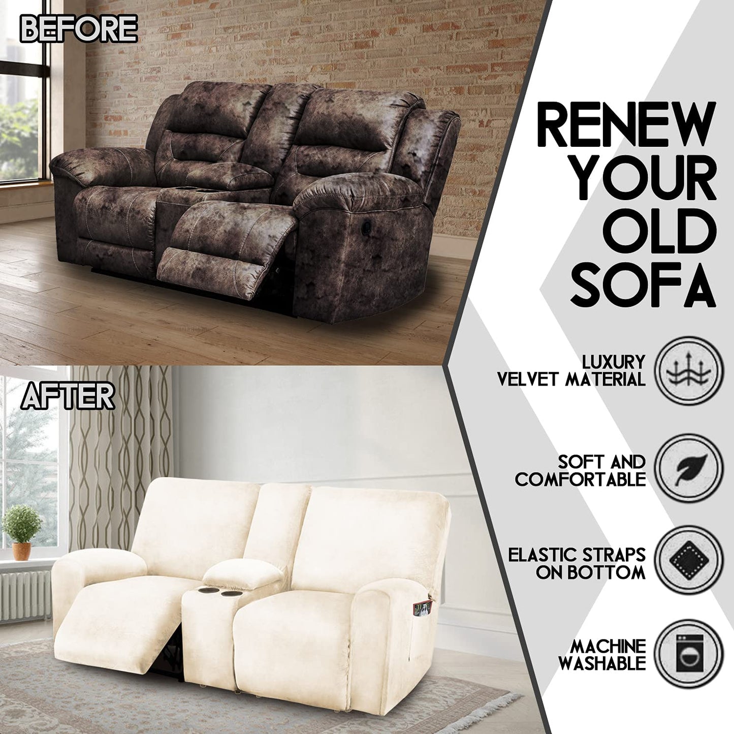 ULTICOR Reclining Love Seat with Middle Console Slipcover, 8-Piece Velvet Stretch Loveseat Reclining Sofa Covers, 2 seat Love seat Recliner Cover, Thick, Soft, Washable, Love seat Slipcovers (Ivory)