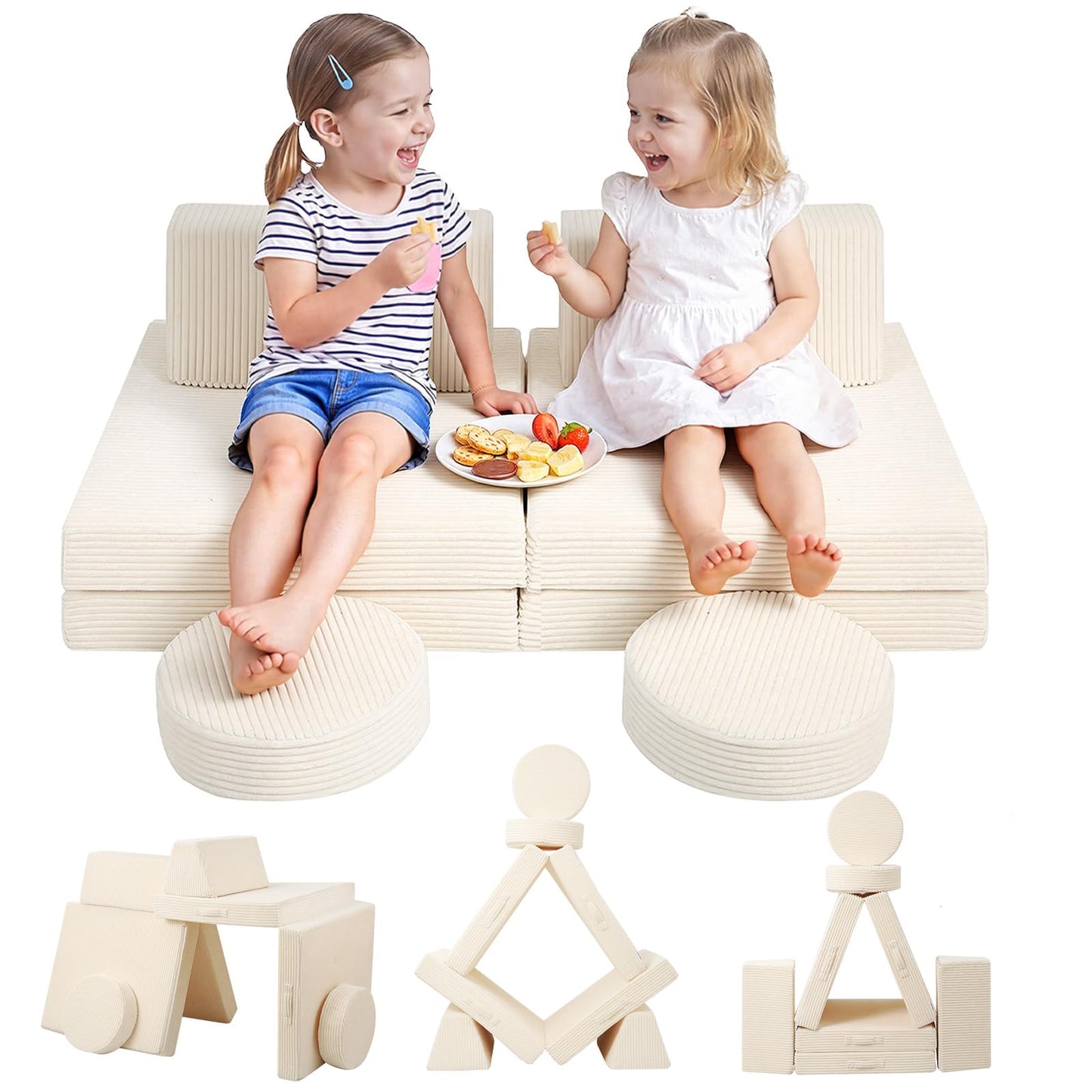 MeMoreCool Kids Couch for Playroom, Corduroy 8-Piece Modular Toddler Play Couch in Beige, Convertible Foam Sofa Fort Building Set with Washable Corduroy Cover for Nursery Bedroom, Ages 1-5