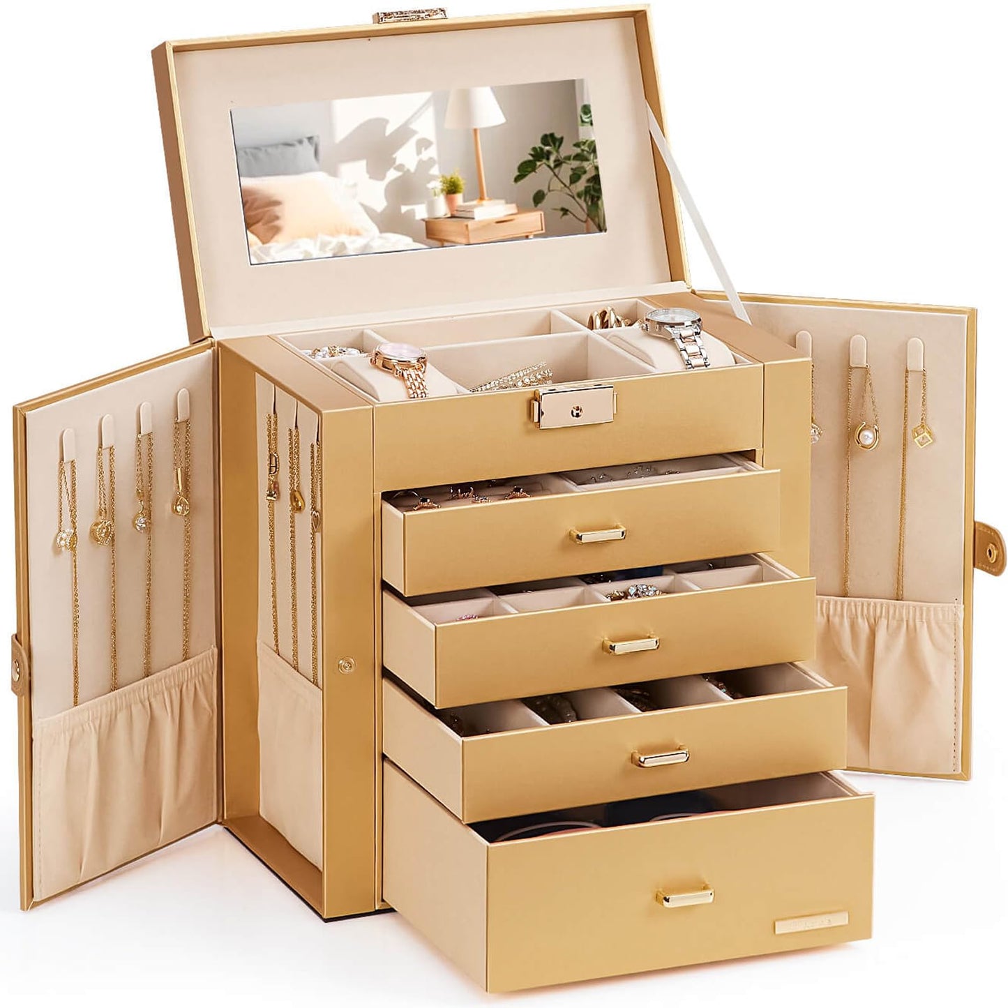 Homde Synthetic Leather Huge Jewelry Box Mirrored Watch Organizer Necklace Ring Earring Storage Lockable Gift Case (Gold)