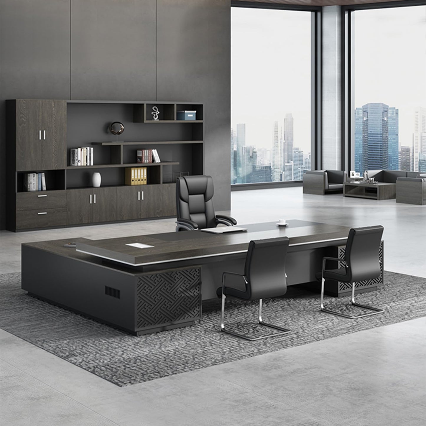 LSIGHTUS 102" Brown Large Modern Executive Office Desk, Wood Computer Desk with File Drawers Writing Study Table Business Furniture Set for CEO or Home
