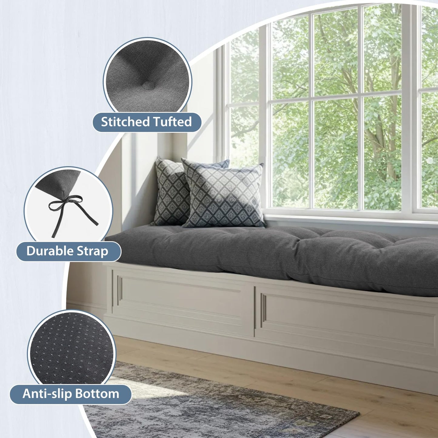 WEOAVRY 48 Inch Bench Cushions for Indoor Furniture, Super Soft Rectangle Bench seat Cushion Pad with Non-Slip Bottom, Waterproof Bench Pad for Window Porch(Grey, 48x18x4.5 Inch)