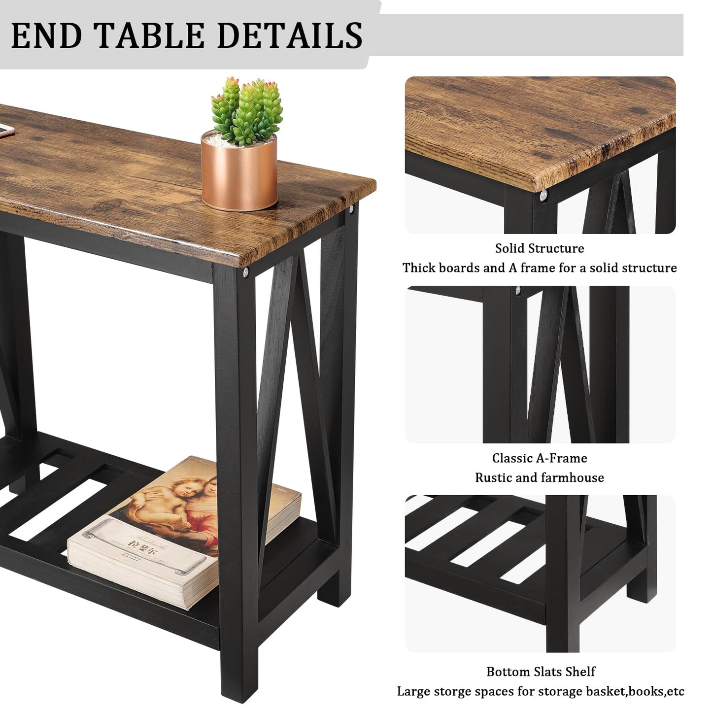 Narrow Side Table Rectangular End Tables with Storage Shelf Small Industrial Nightstands Bedside Table for Small Spaces Living Room Bedroom Bathroom Brown Smooth Tabletop and Black Legs