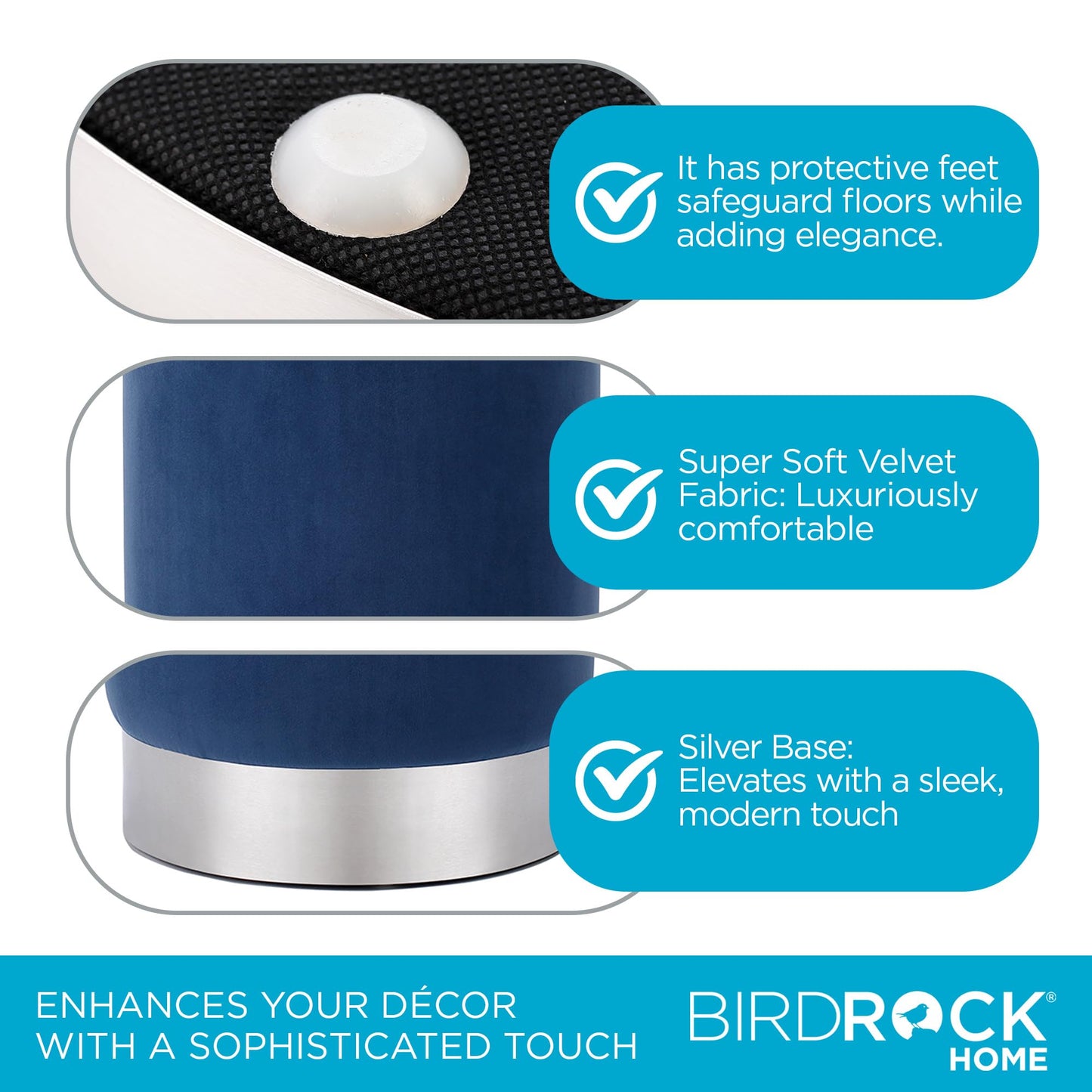 BIRDROCK HOME Round Ottoman Foot Stool – Modern Soft Padded Velvet Vanity Chair with Silver Metal Trim – Accent Chair or Foot Rest for Living Room, Bedroom, or Dressing Room (Blue)