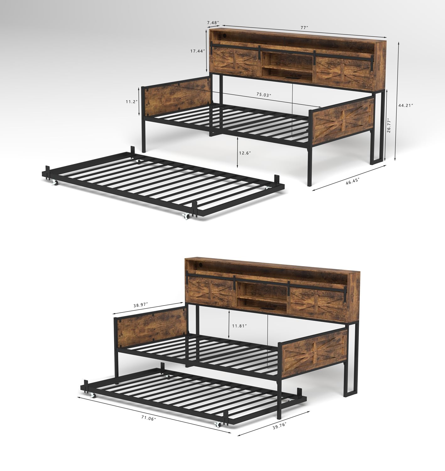Daybed with Trundle and LED Lights, Metal Twin Bed Frame with Sliding Barn Door Headboard & Charging Station, Day Bed Pop Up Trundle Bed for Living Room Bedroom Guest Room (Black+Brown, Twin)