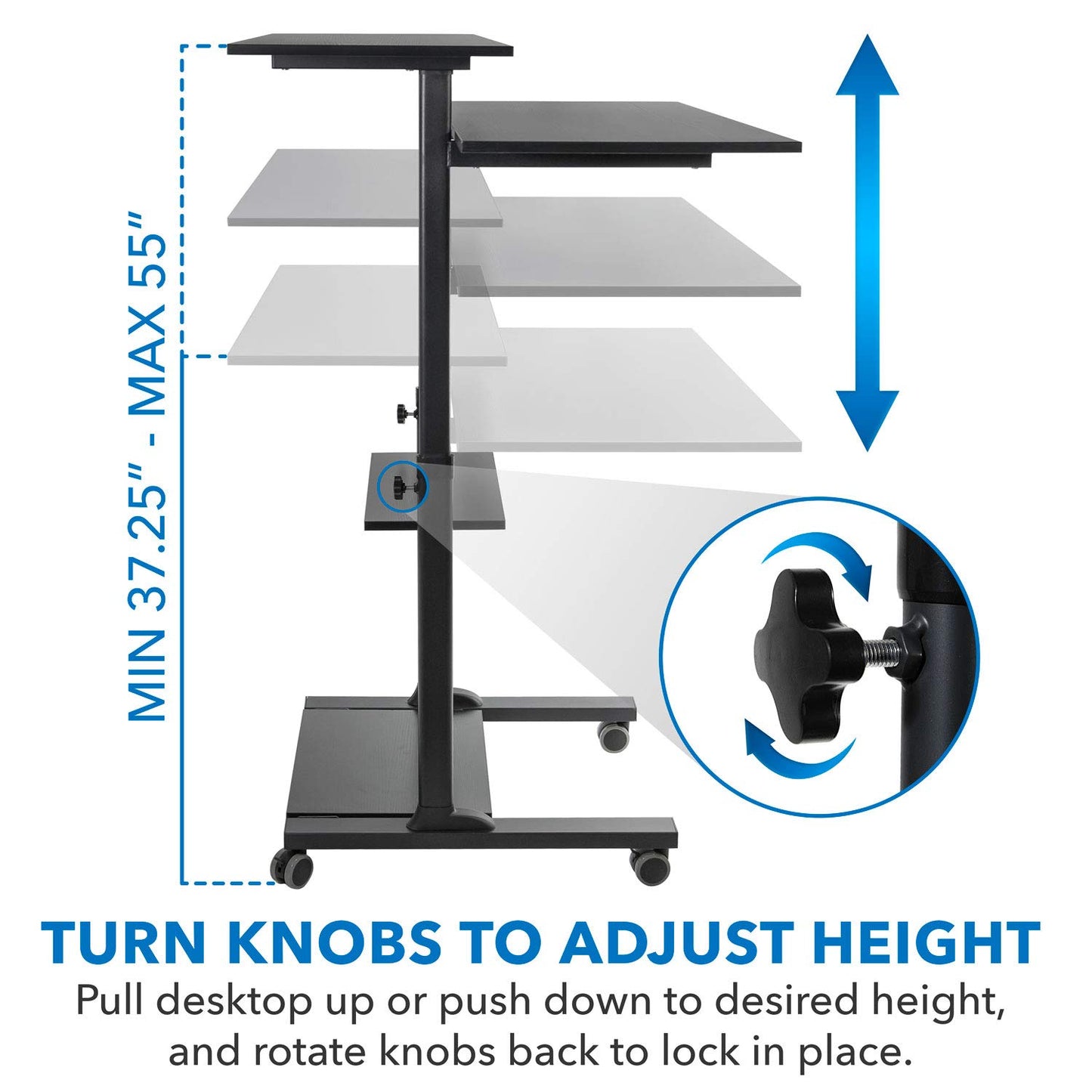Mount-It! Mobile Desk Workstation 40 Inch Wide Large Rolling Computer Desk is Height Adjustable to 64 Inches, Sit Stand Computer Cart with Multi Level Shelves on Wheels in Black