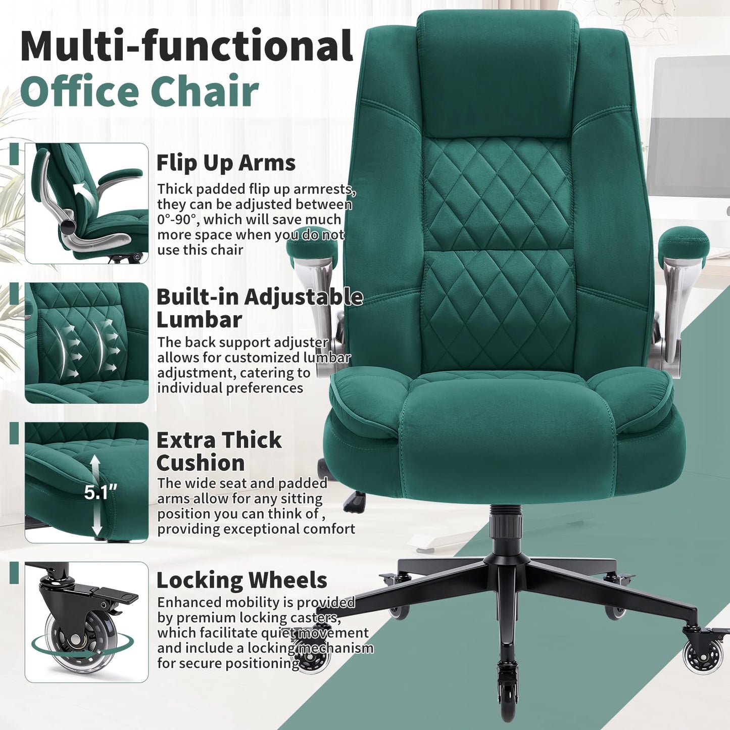 Fabric High Back Office Chair with Lockable Quiet Casters, Thick Padded Ergonomic Computer Chair- Adjustable Lumbar Support & Flip-Up Arms, Wide Executive Desk Chair for Back Pain, 400LBS Capacity