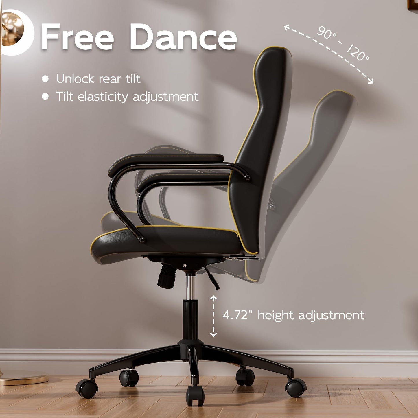 HomeZeer Black Office Chair with Soft Leather Embroidery, Mid Back Vintage Swivel Executive Desk Chair with Wheels and Padded Arms, Adjustable Height