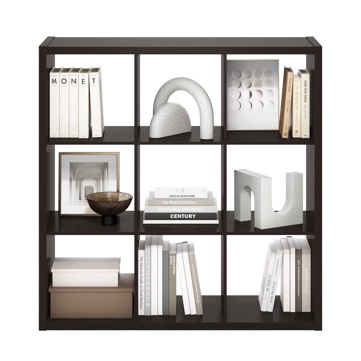 Furinno CUBICLE Book Shelf, 9-Cube Bookshelf, Extra Thick Frame Reversible Bookcase with Open Back, 14.6" x 44" x 44", for Living Room, Bedroom, Home Office, Black Dark Oak