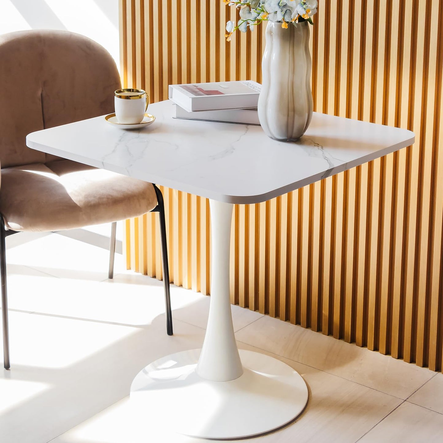 ALPOME 30" Square White Modern Dining Table - Faux Marble Tulip Kitchen Table with Heavy Duty Pedestal Metal Base, Mid-Century Bistro Table for Small Spaces, Apartment, Dining Room, 2-4 People