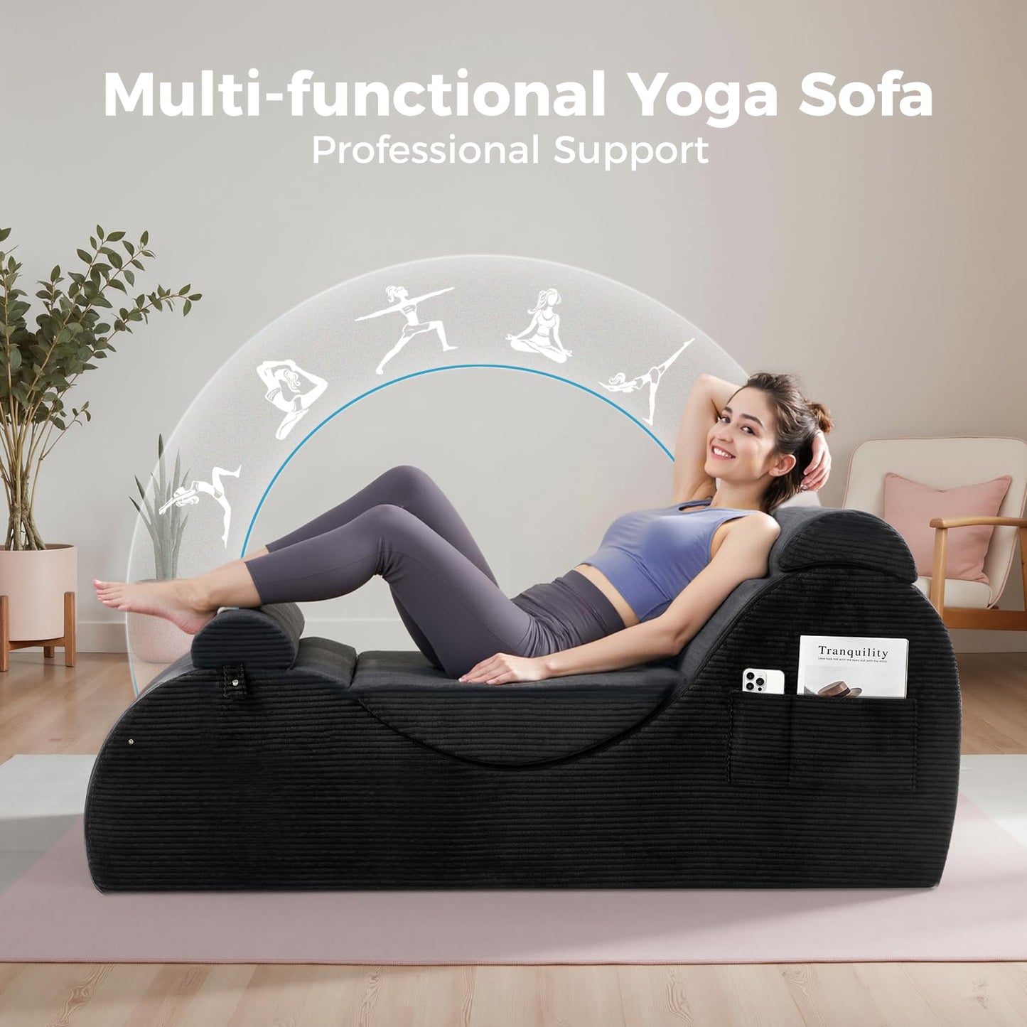 Yoga Chairs for Adults, Ergonomic Chaise Lounge Chair Indoor with Side Pocket, Lumbar Pillow, Ottoman, Yoga Chair Perfect for Stretching, Relaxation, Exercise, Used in Bedroom, Living Room（Black）