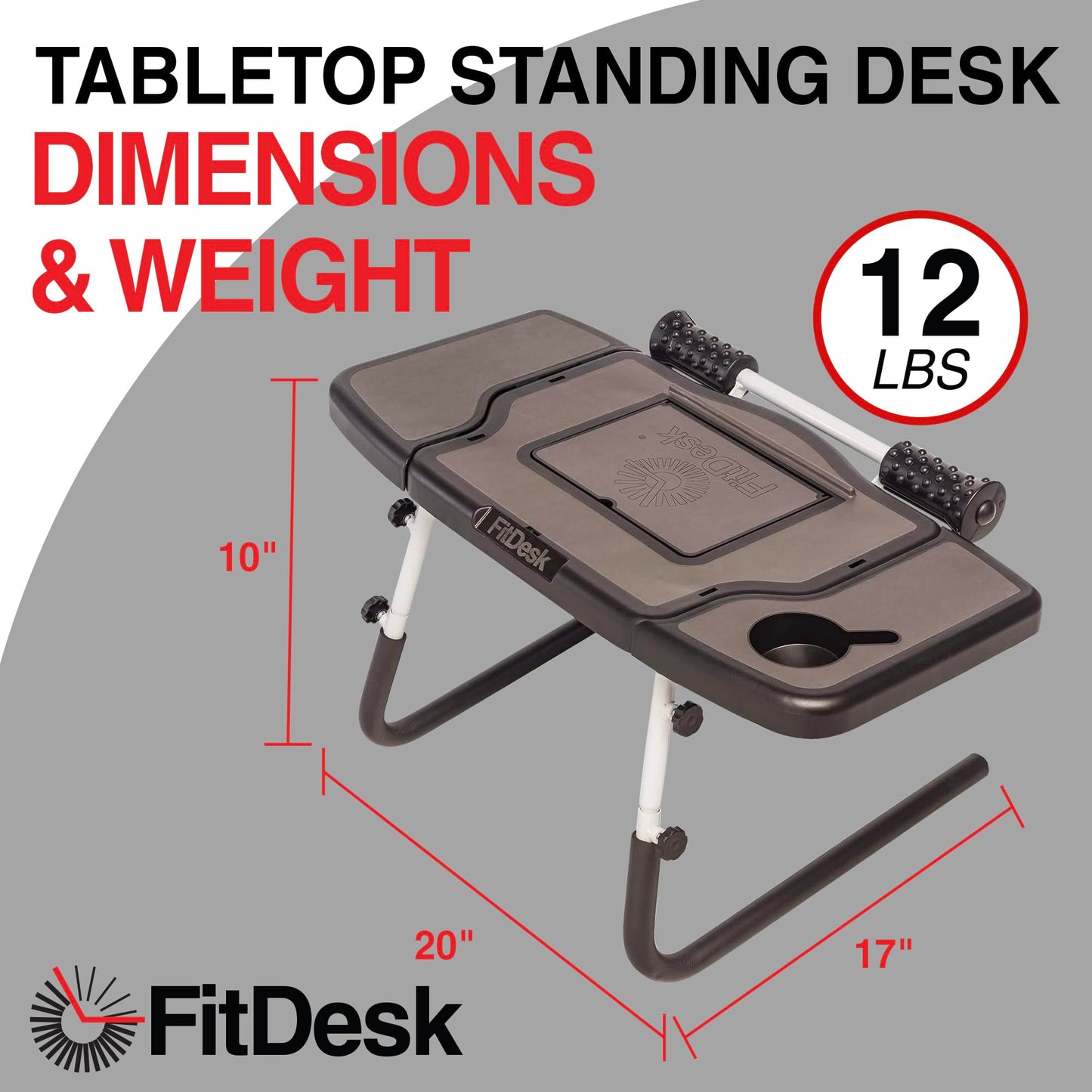 FitDesk Portable Standing Desk Converter with Massage Rollers & Forearm Supports, Adjustable Height Workstation 11" to 20", Ergonomic Stand-Up Desk with Non-Scratch Grip Legs, White