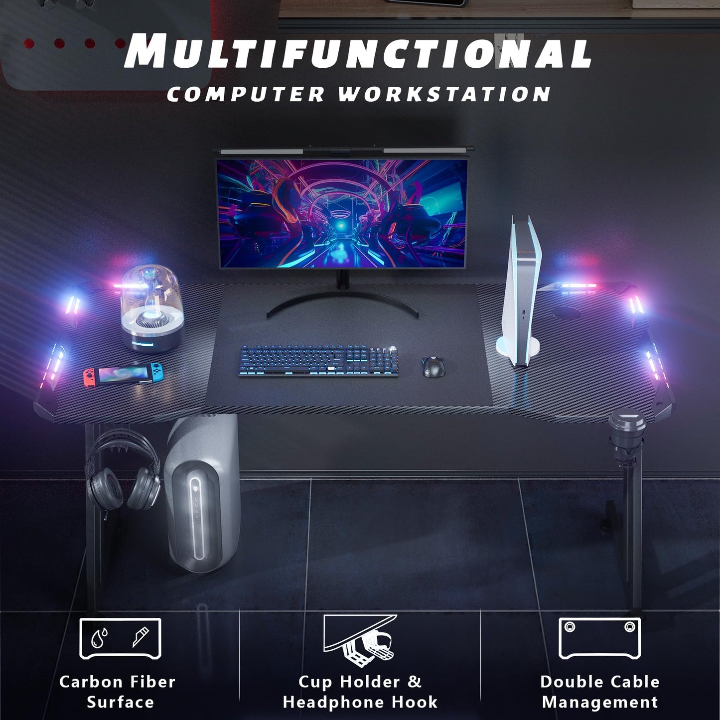 HLDIRECT 47 Inch Gaming Desk with LED Lights, Large RGB Computer Gaming Desk Table with Cup Holder Headphone Hook Mouse Pad, Ergonomic Modern Carbon Fiber Mesa Gamer Pc Work Home Office Desks, Black