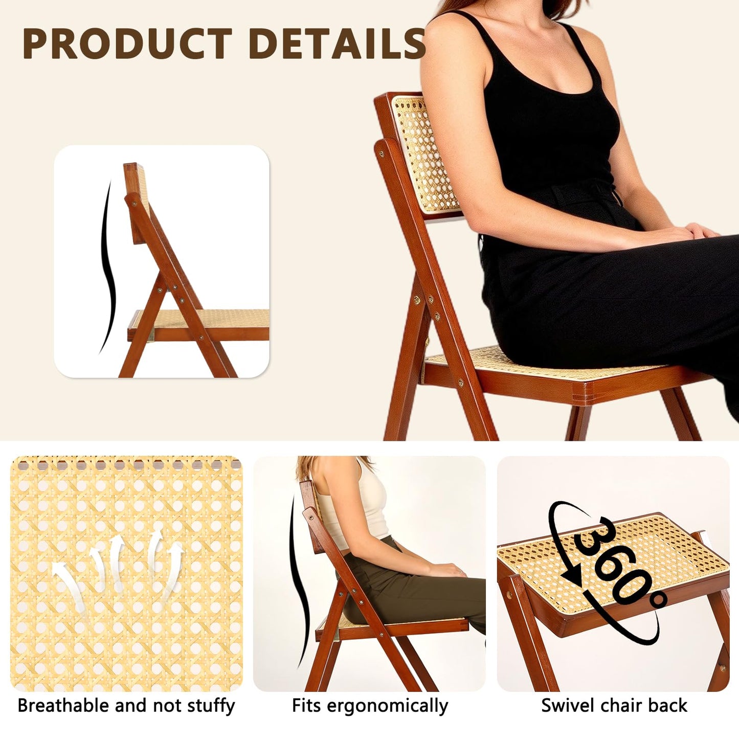 Rattan Dining Chairs,Mid-Century Modern Style Patio Dining Chairs,Rattan Dining Chairs with Adjustable Backrest,Natural Resin Rattan Chair,Suitable for Balcony,Porch,Deck,Backyard,Walnut,Set of 4