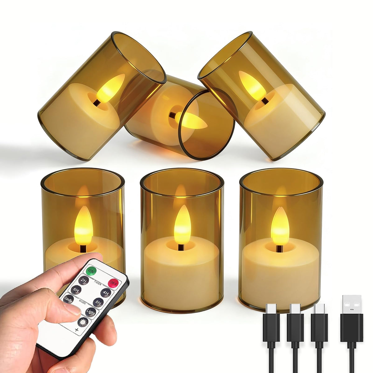 Utwickeln Rechargeable Flameless Tea Light Candles, LED Tea Lights with Remote & 2-8H Timer, 6-Pack, USB-C, Acrylic, Amber, for Home, Wedding, Dinner Party, Sports Bar Night, Living Room & Hotel