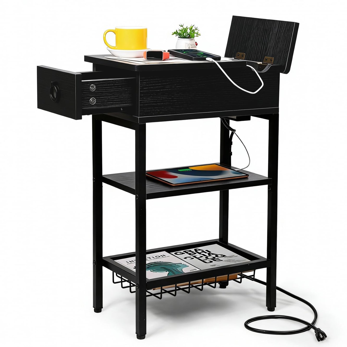 Cazacomzy Small Black Side Table Charging Station for Bedroom, Narrow Black Living Room End Tables with Storage, Skinny USB Nightstand with Outlet, Gaming Coffee Table for Couch with USB Ports