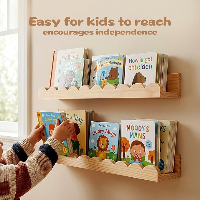 Nursery Floating Shelves for Kids Room, 2 Pack 23.6 Inch Natural Wood Wall