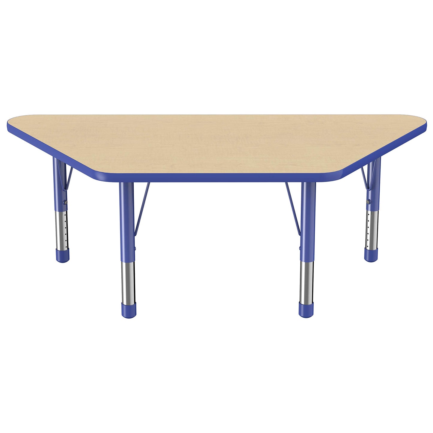 FDP Trapezoid Activity School and Classroom Kids Table (30 x 60 inch), Chunky Toddler Legs for Collaborative Seating Environments, Adjustable Height 15-24 inches - Maple Top and Blue Edge