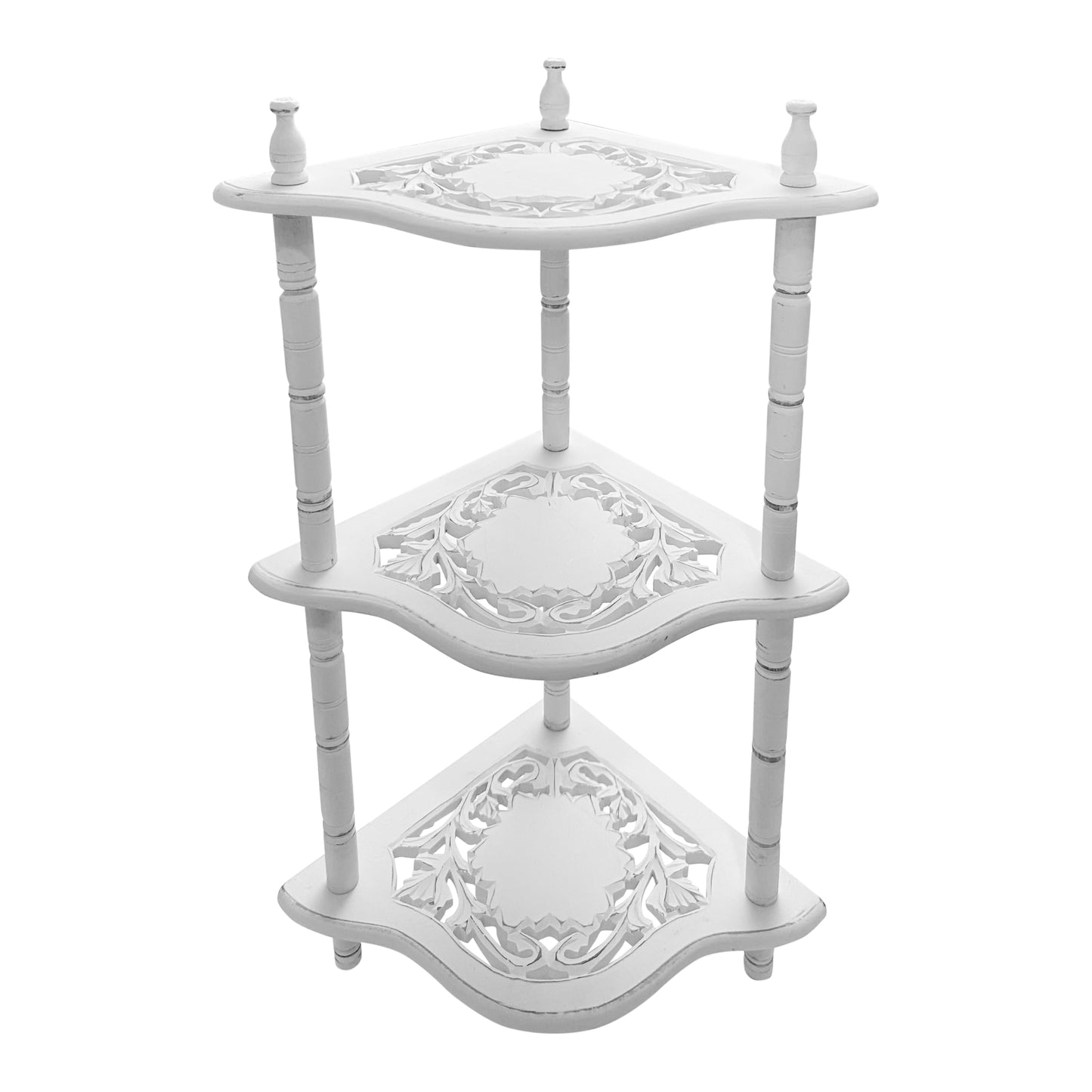 The Wooden Town Antique White Corner Bookshelf - 3-Tier Corner Shelf Stand for Small Spaces, Stylish Bathroom & Home Office Storage Solution, 12" L x 12" W x 26" H