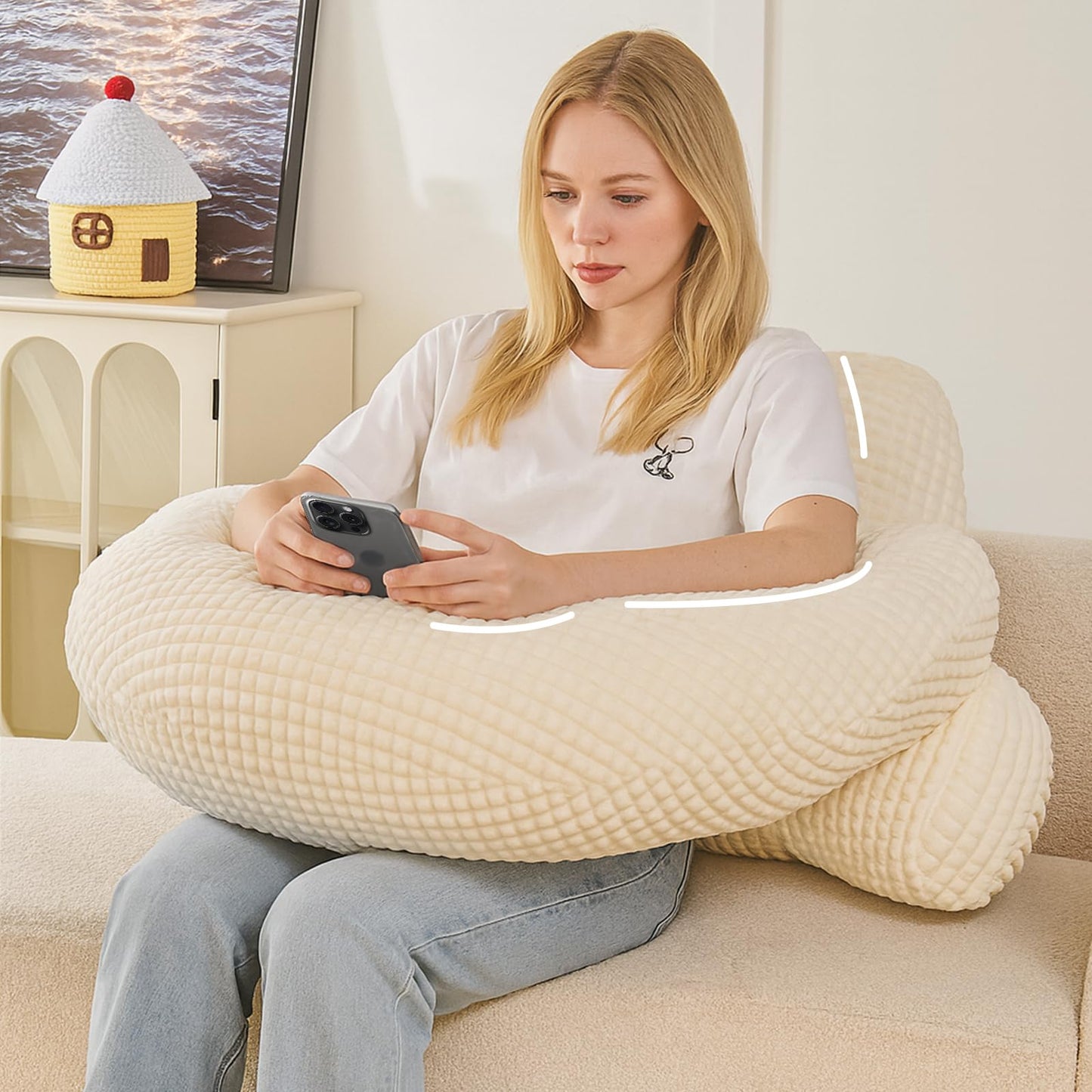 19" Reading Pillow for Bed,U Shaped Arm & Elbow Support,White Corduroy